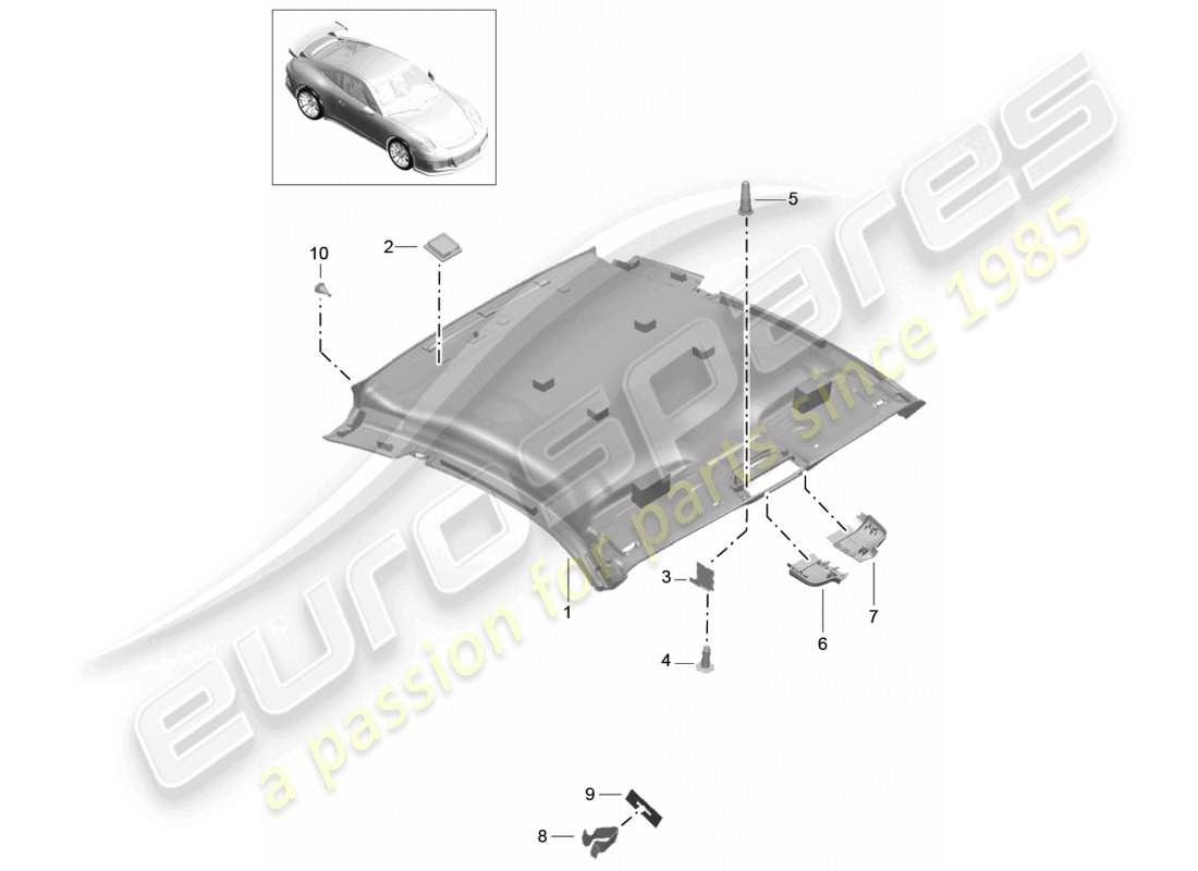 porsche 2021 (991-2 r/gt3/rs) roof trim part diagram