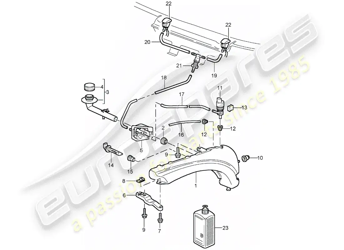 porsche 2002 (996 gt3) windshield washer unit parts diagram