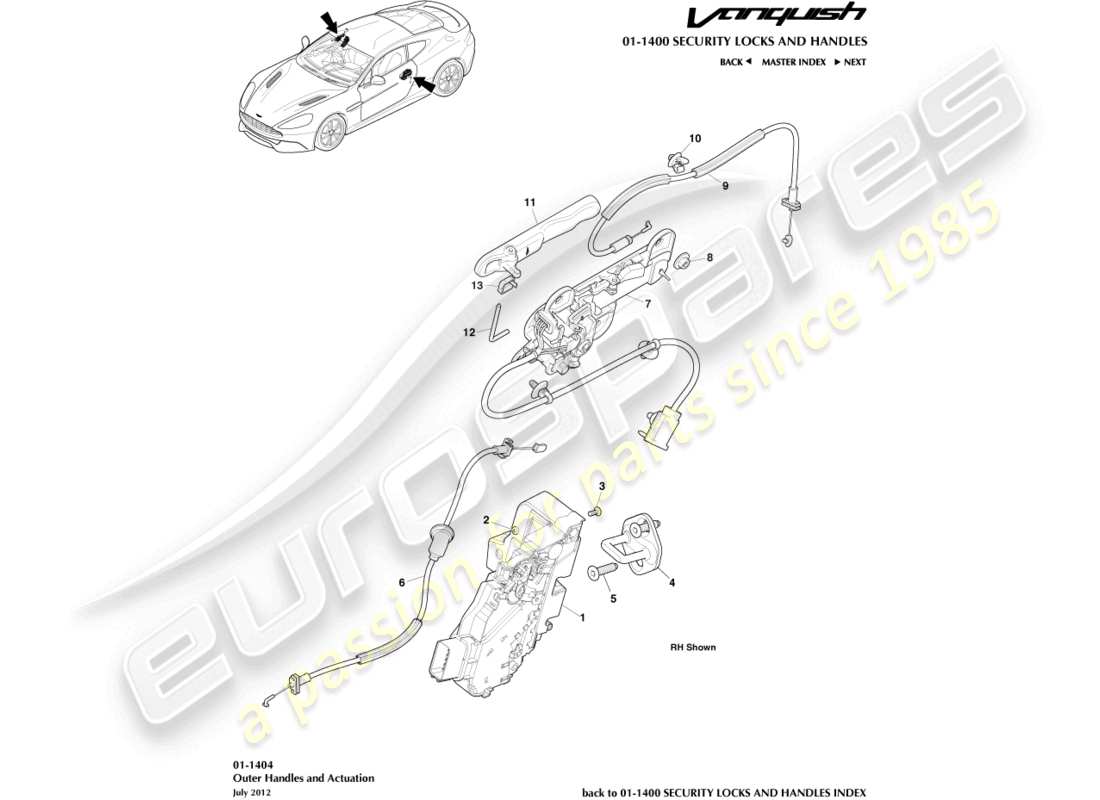 aston martin vanquish (2017) outer handles & actuation part diagram