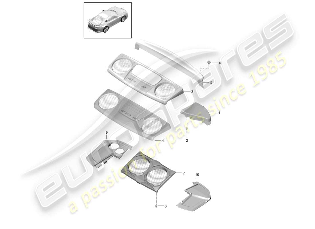 porsche 2021 (991-2 r/gt3/rs) trim engine bay part diagram