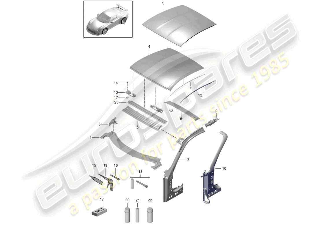 porsche 2021 (991-2 r/gt3/rs) scuttle roof part diagram