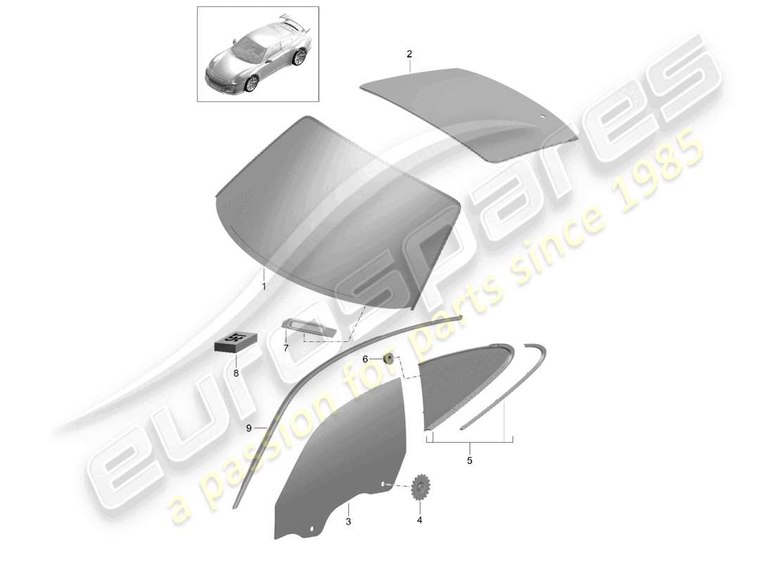 porsche 2021 (991-2 r/gt3/rs) windscreen side window rear window d - mj 2017>> part diagram