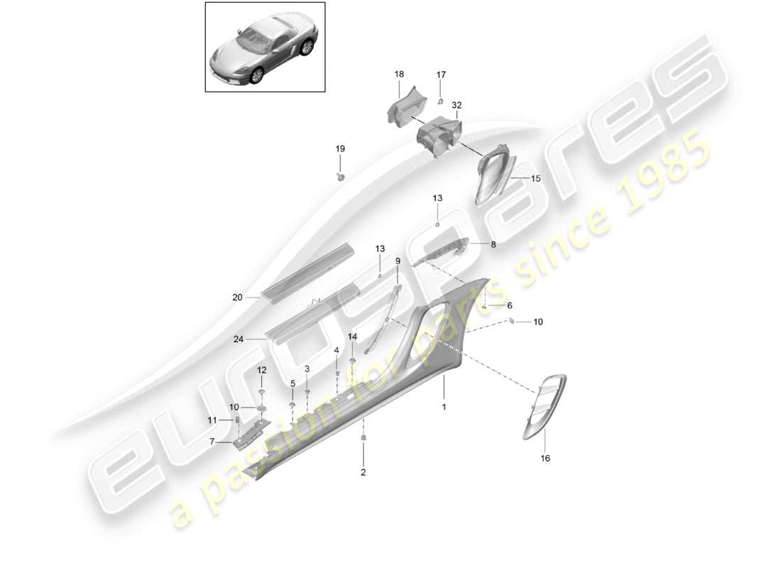 porsche 2024 (718 boxster) side member trim and air guide engine bay part diagram