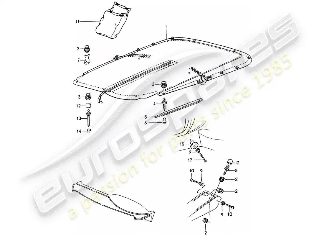 porsche 1989 (964) tonneau cover parts diagram