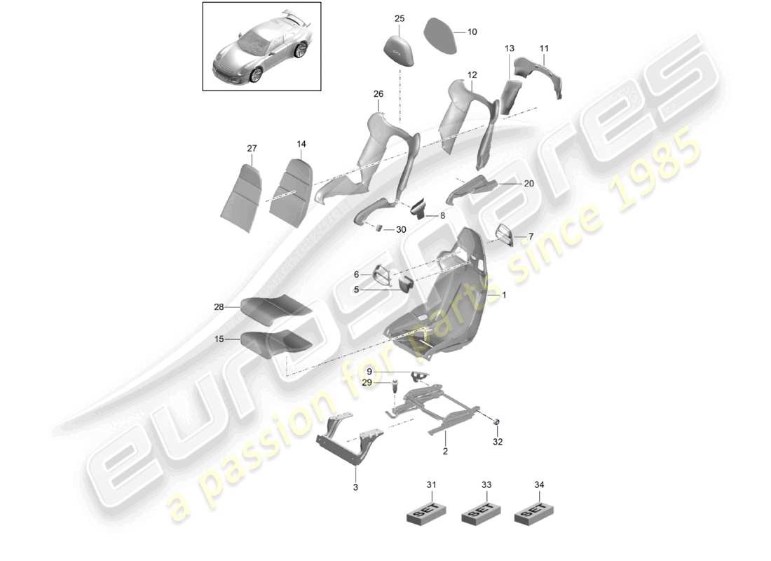 porsche 2021 (991-2 r/gt3/rs) bucket seat seat frame seat covers backrest covers foam part part diagram