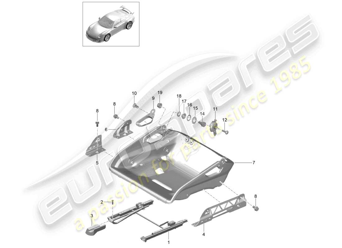 porsche 2021 (991-2 r/gt3/rs) bucket seat folding seat frame accessories part diagram