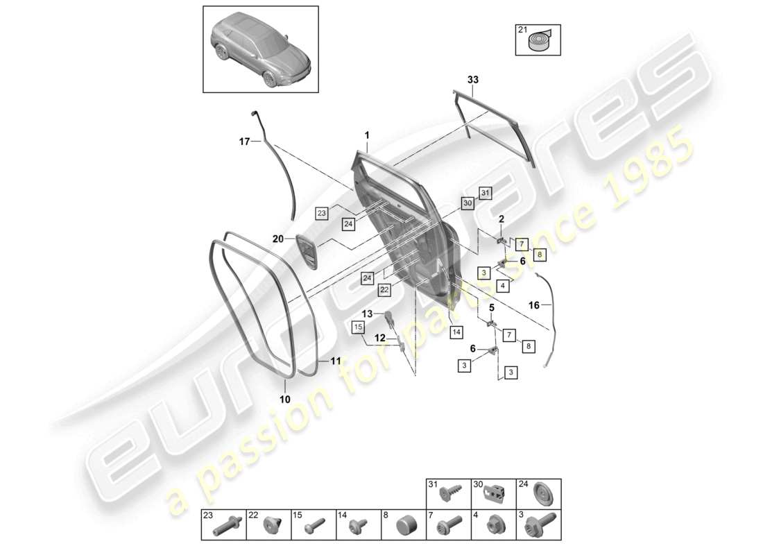 porsche 2024 (cayenne e3 9ya/9yb) door shell rear gaskets part diagram