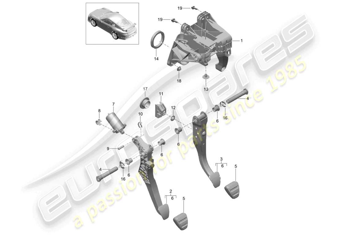 porsche 2021 (991-2 r/gt3/rs) brake and accel. lever mech. part diagram