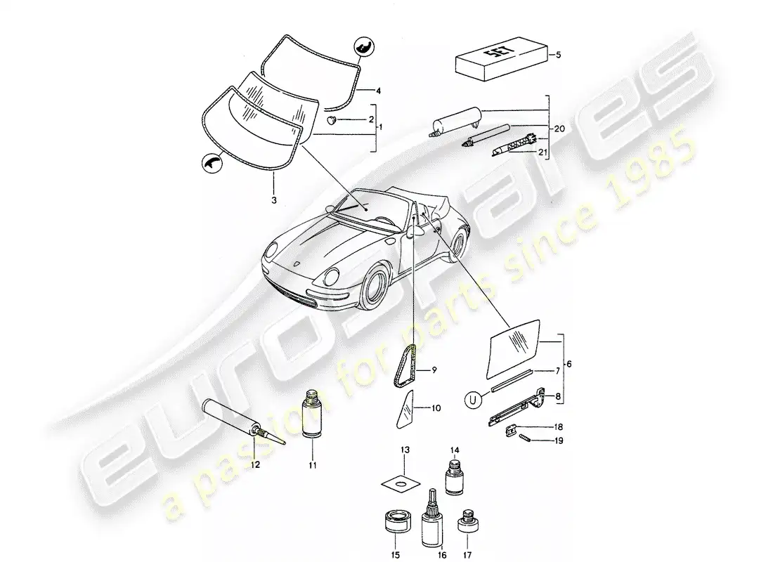 porsche 1998 (993) window glazing parts diagram
