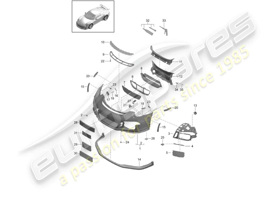 porsche 2021 (991-2 r/gt3/rs) bumper front spoiler part diagram