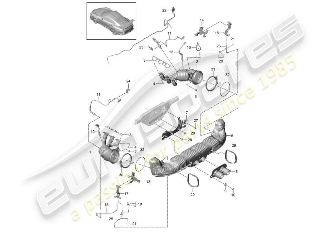 porsche 2021 (991-2 r/gt3/rs) exhaust system gt3 rs for vehicles with a speedster petrol particulate filter part diagram