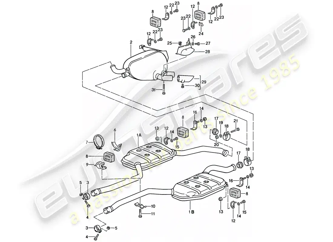porsche 1983 (928) exhaust system - muffler - exhaust parts diagram