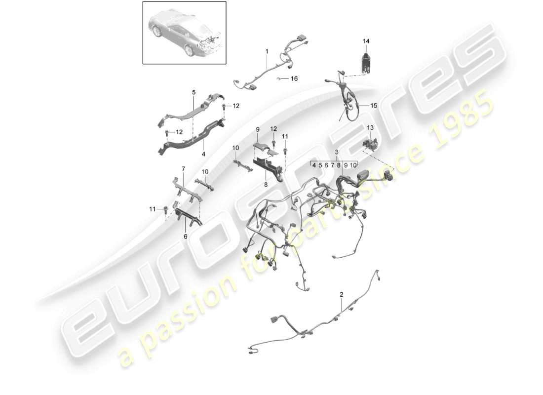 porsche 2021 (991-2 r/gt3/rs) wiring looms rear assembly frame additional brake light trim engine rear axle part diagram