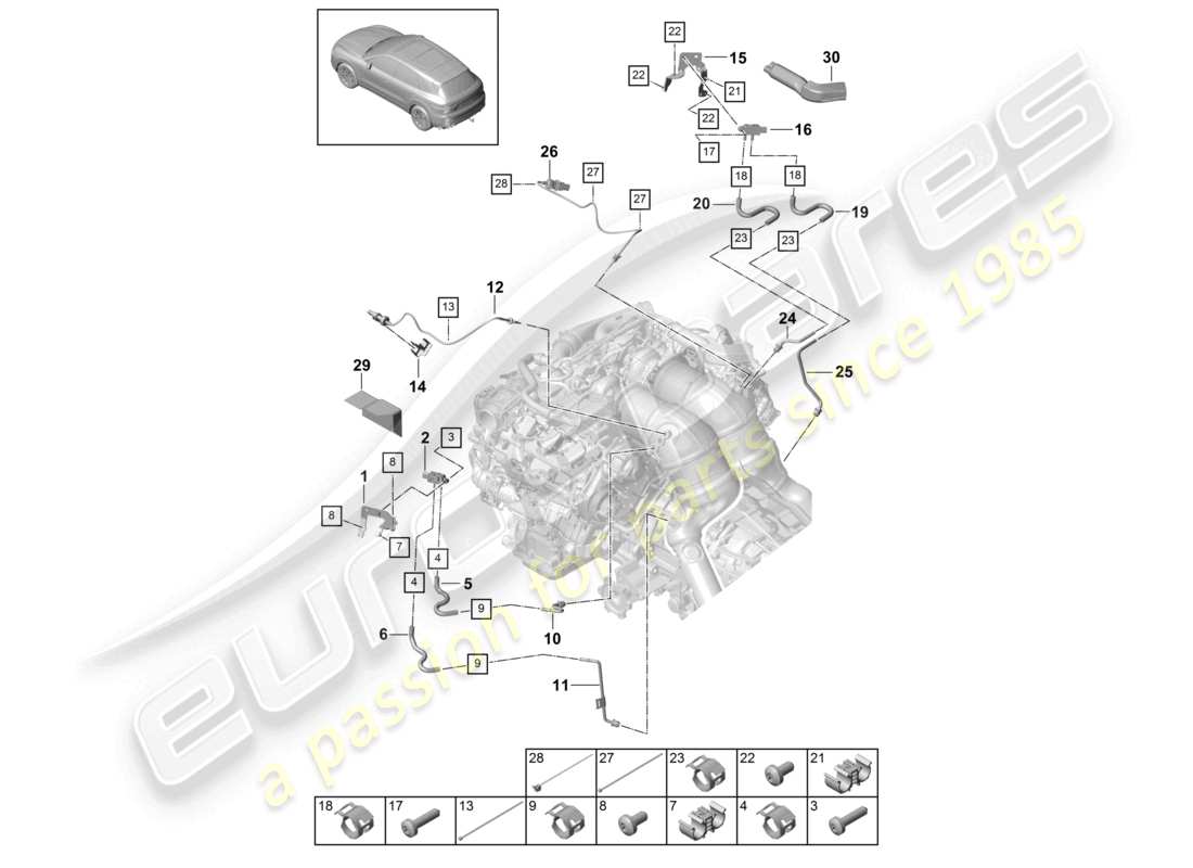 porsche 2024 (cayenne e3 9ya/9yb) control line with pressure difference sender exhaust gas temperature sender part diagram
