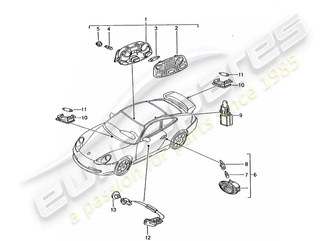 porsche 2002 (996 gt3) interior light - luggage compartment lamp - engine compartment light - glove box light - door handle ilumination - interior release parts diagram