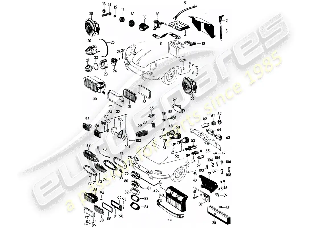 porsche 1963 (356b/356c) headlamp - and - switch - battery parts diagram