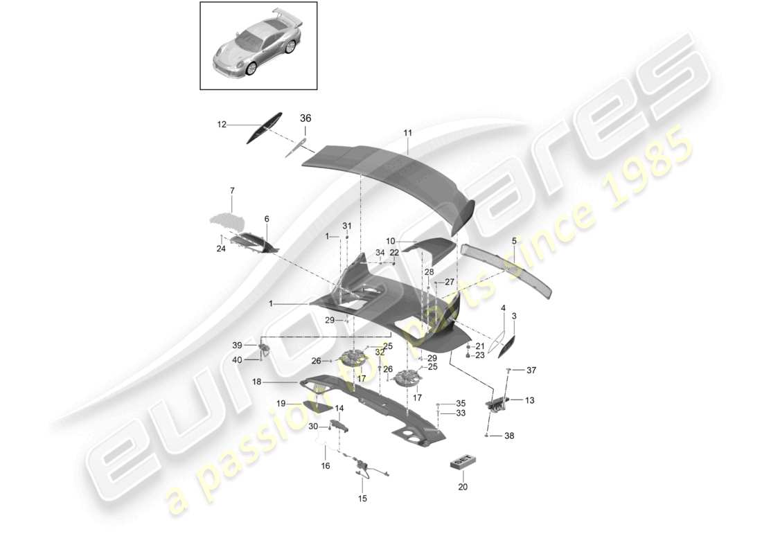 porsche 2021 (991-2 r/gt3/rs) rear lid rear spoiler d - mj 2018>> part diagram