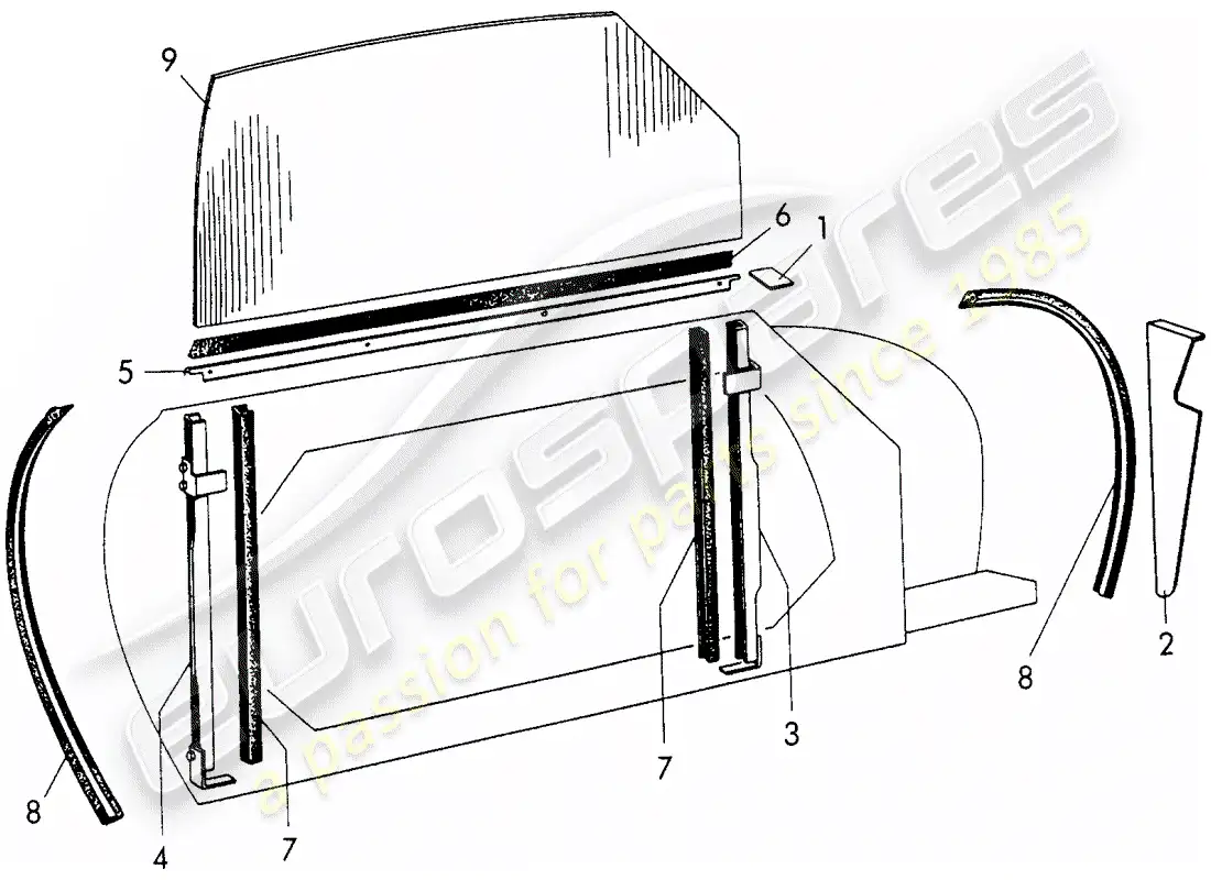 porsche 1954 (356/356a) door window parts diagram