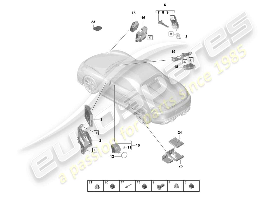 porsche 2021 (718 boxster spyder) control units front end rear end handheld transmitter ignition/starter switch aerial part diagram