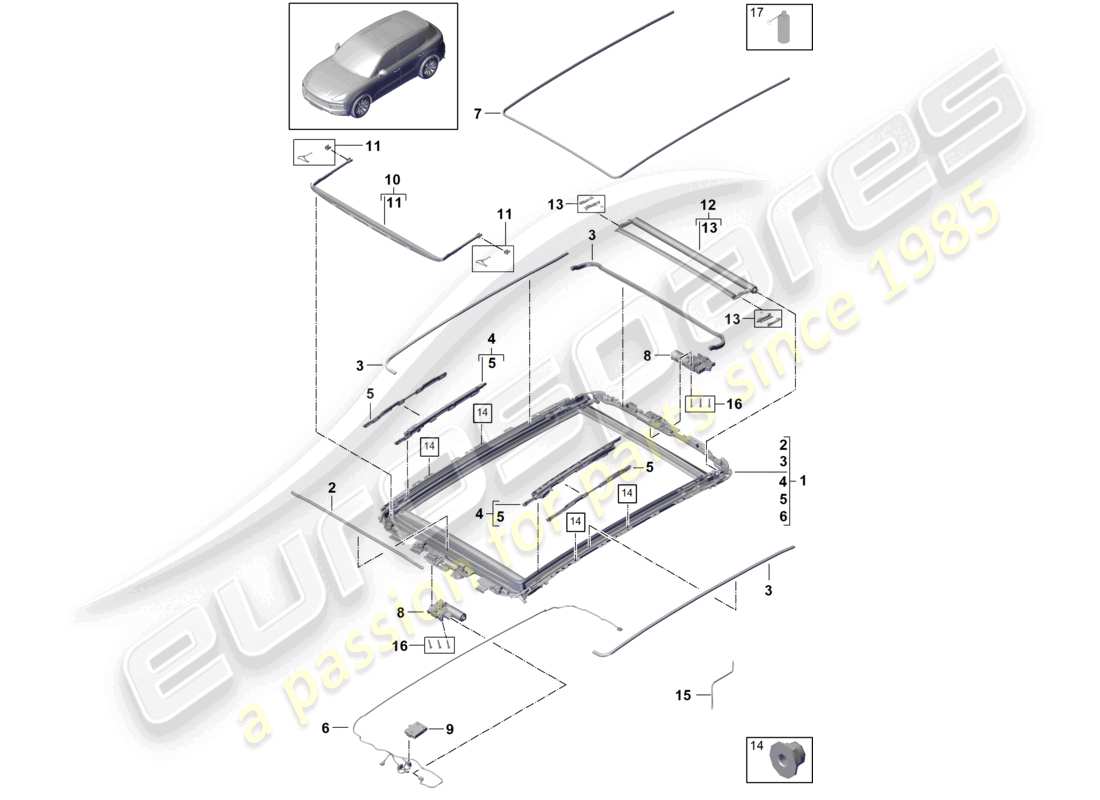 porsche 2021 (cayenne e3 9ya/9yb) glass roof frame accessories part diagram