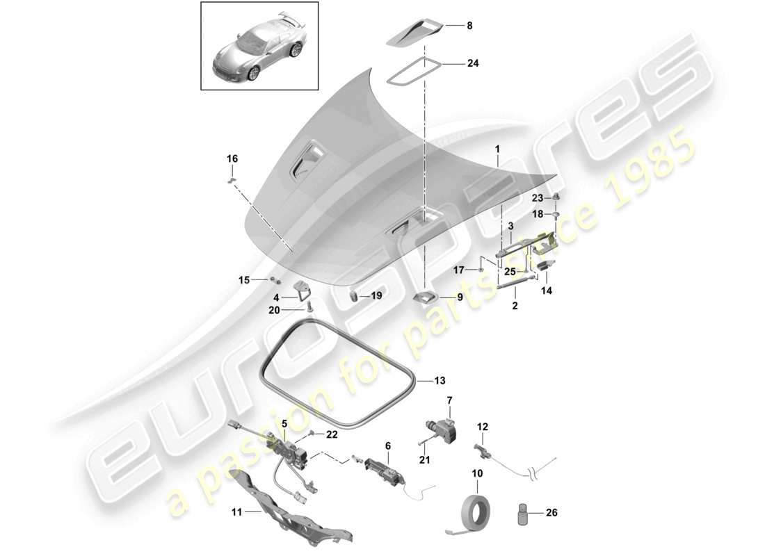 porsche 2021 (991-2 r/gt3/rs) bonnet front part diagram