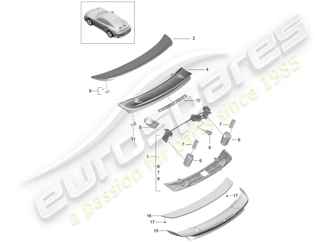 porsche 2016 (991-1 turbo) rear spoiler parts diagram