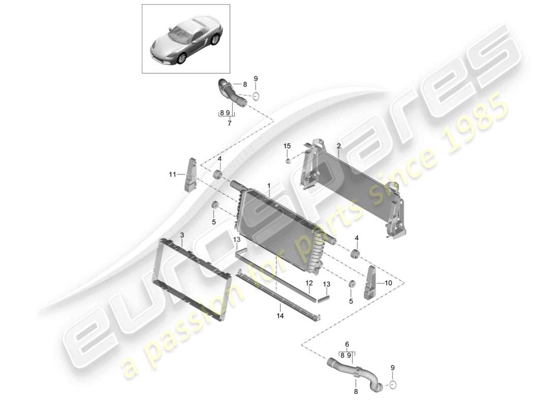 porsche 2021 (718 boxster) cooler for coolant center part diagram