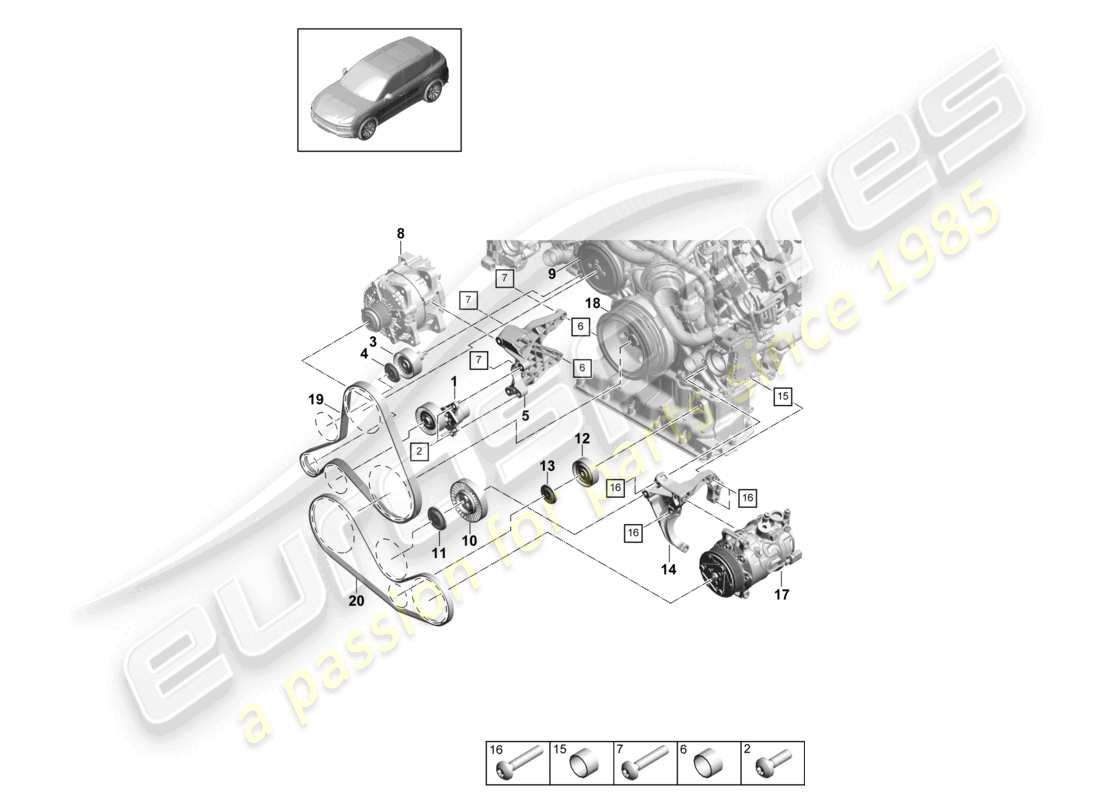 porsche 2021 (cayenne e3 9ya/9yb) poly-v-belt belt tensioner damper part diagram
