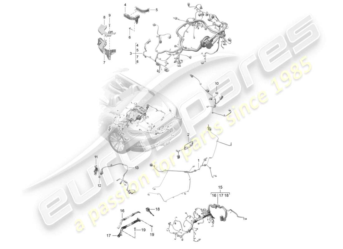 porsche 2021 (718 boxster) wiring looms rear trim engine gearbox rear axle part diagram
