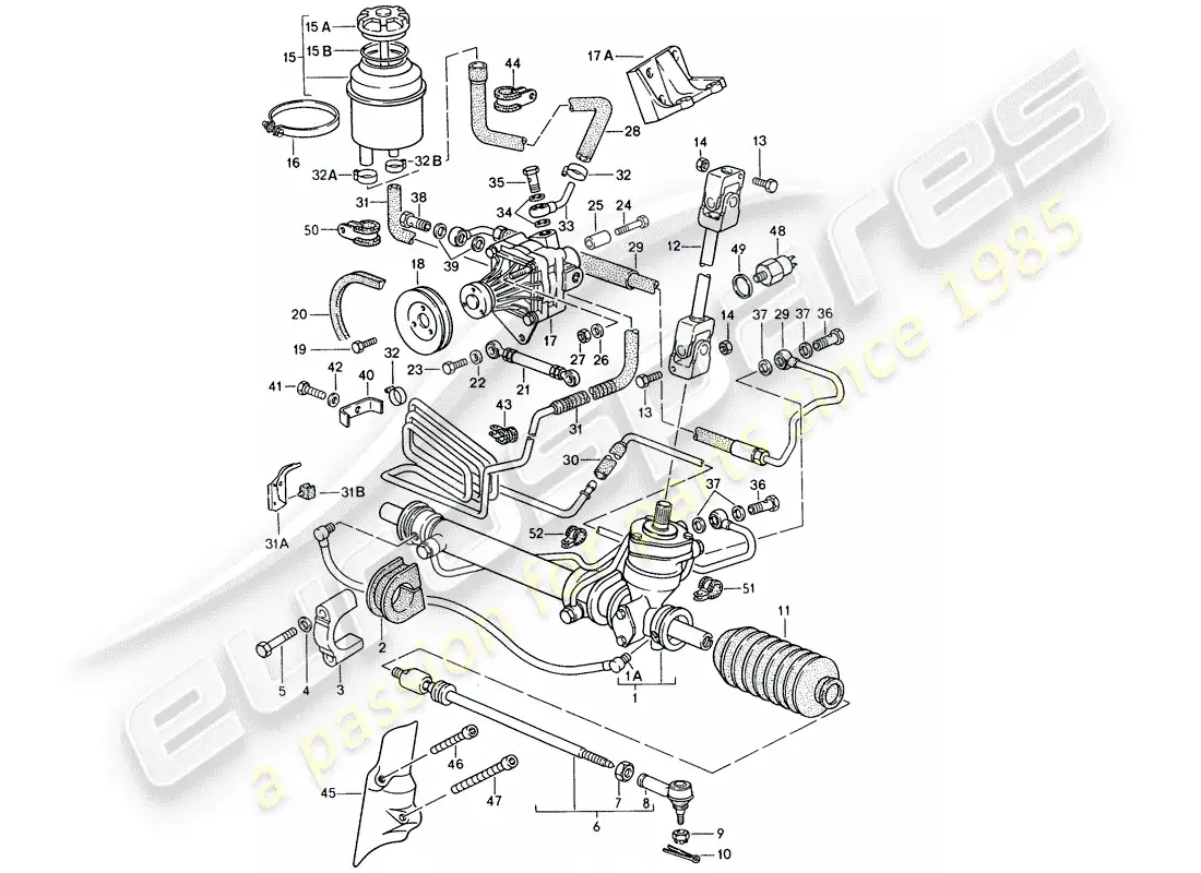 porsche 1986 (944) power steering - steering gear - power steering pump - lines parts diagram