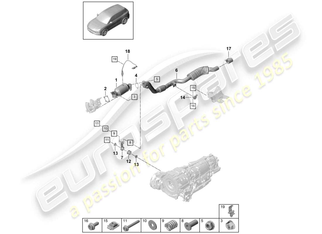 porsche 2021 (cayenne e3 9ya/9yb) exhaust system catalytic converter exhaust pipe with front silencer lambda probe part diagram