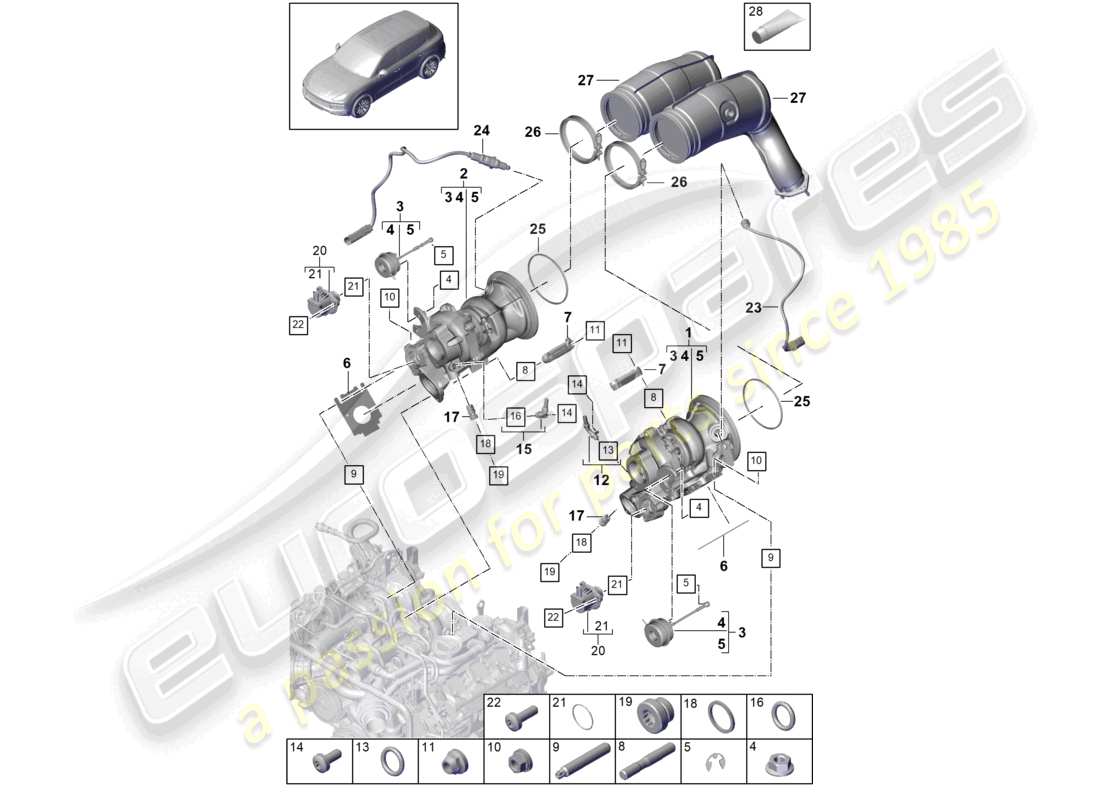 porsche 2021 (cayenne e3 9ya/9yb) exhaust gas turbocharger exhaust manifolds lambda probe part diagram