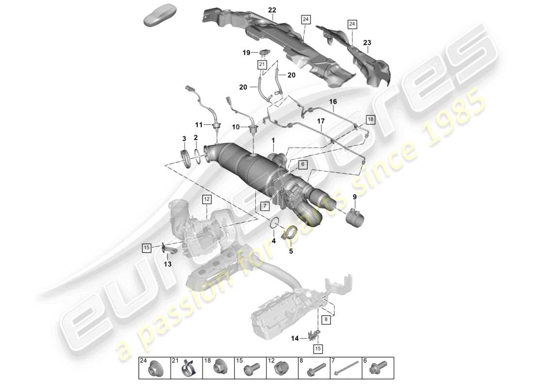 porsche 2025 (992-2) catalytic converter petrol particulate filter fastenings and sensors parts diagram