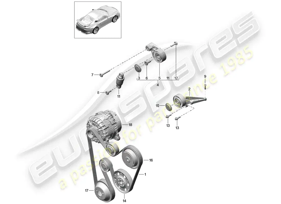 porsche 2016 (991-1 r/gt3/rs) v-ribbed belt parts diagram