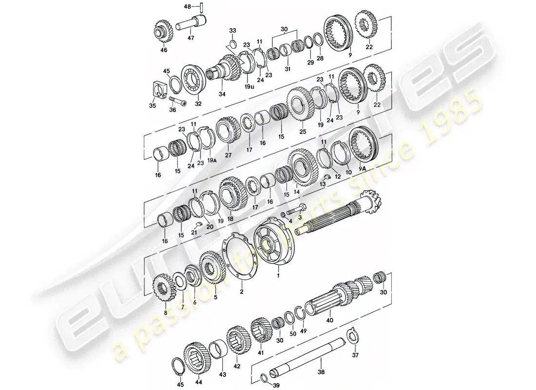 porsche 1979 (928) gears and shafts - manual gearbox parts diagram