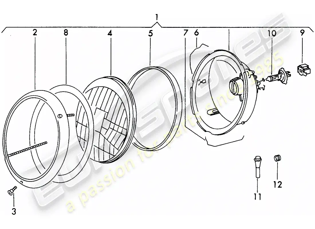 porsche 1971 (911) headlamp - h 4 - d - mj 1972>> parts diagram