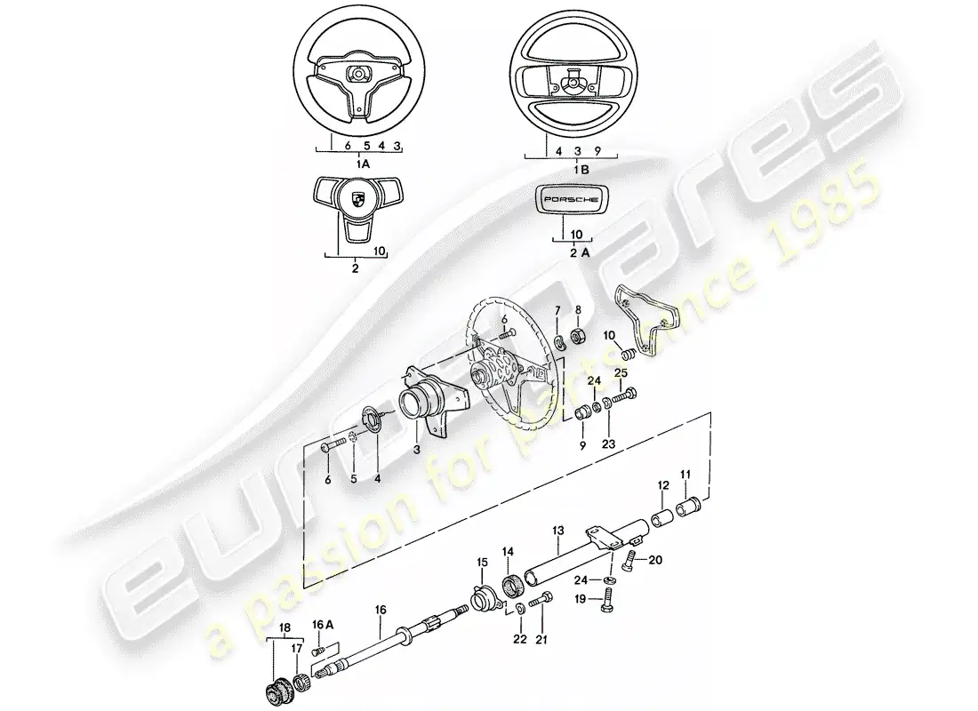 porsche 1986 (924s) steering wheel - steering column parts diagram
