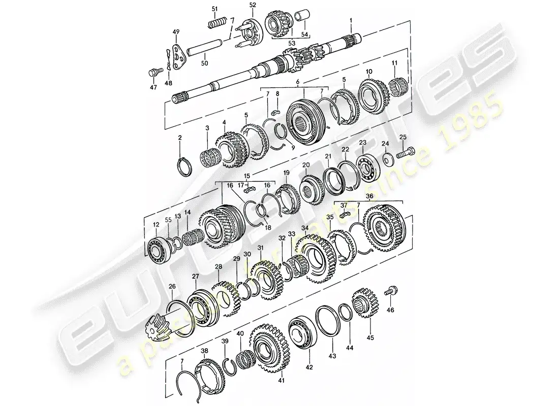 porsche 1988 (944) gears and shafts - manual gearbox parts diagram