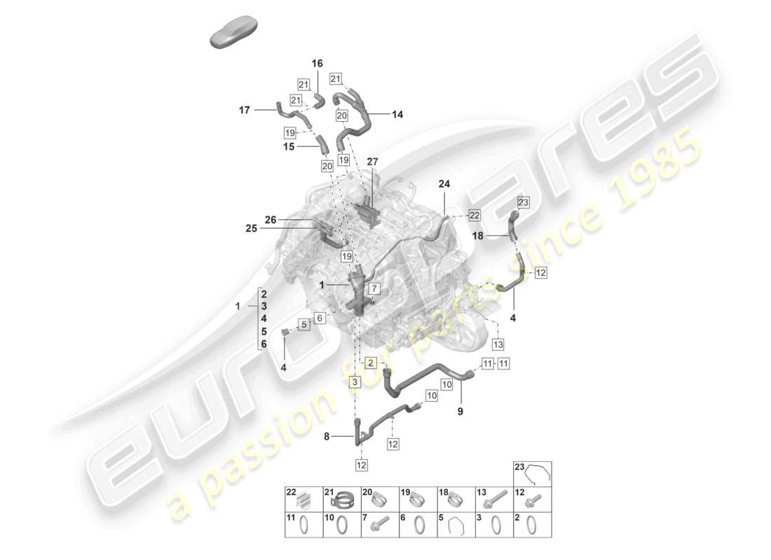 porsche 2021 (992-1) coolant cooling system distributor for coolant engine part diagram