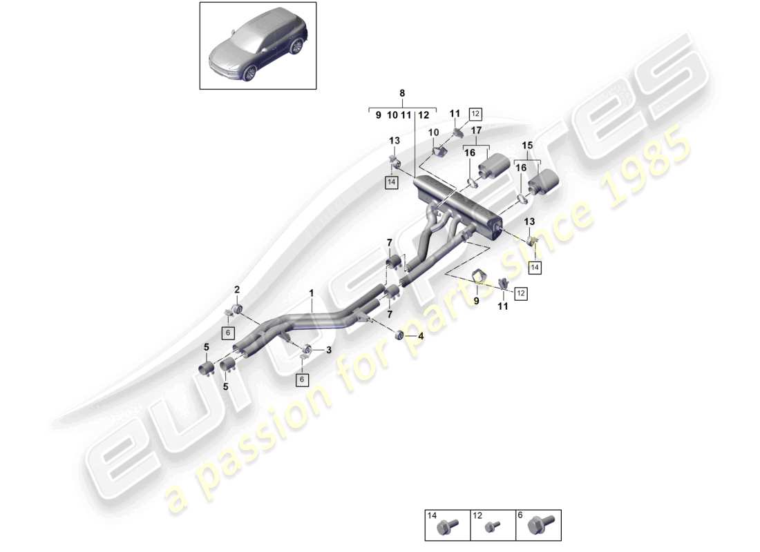 porsche 2021 (cayenne e3 9ya/9yb) exhaust system sport version titanium front silencer rear silencer tailpipe part diagram