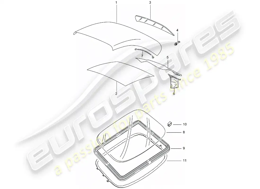 porsche 1998 (996) convertible top covering - roof trim panel parts diagram