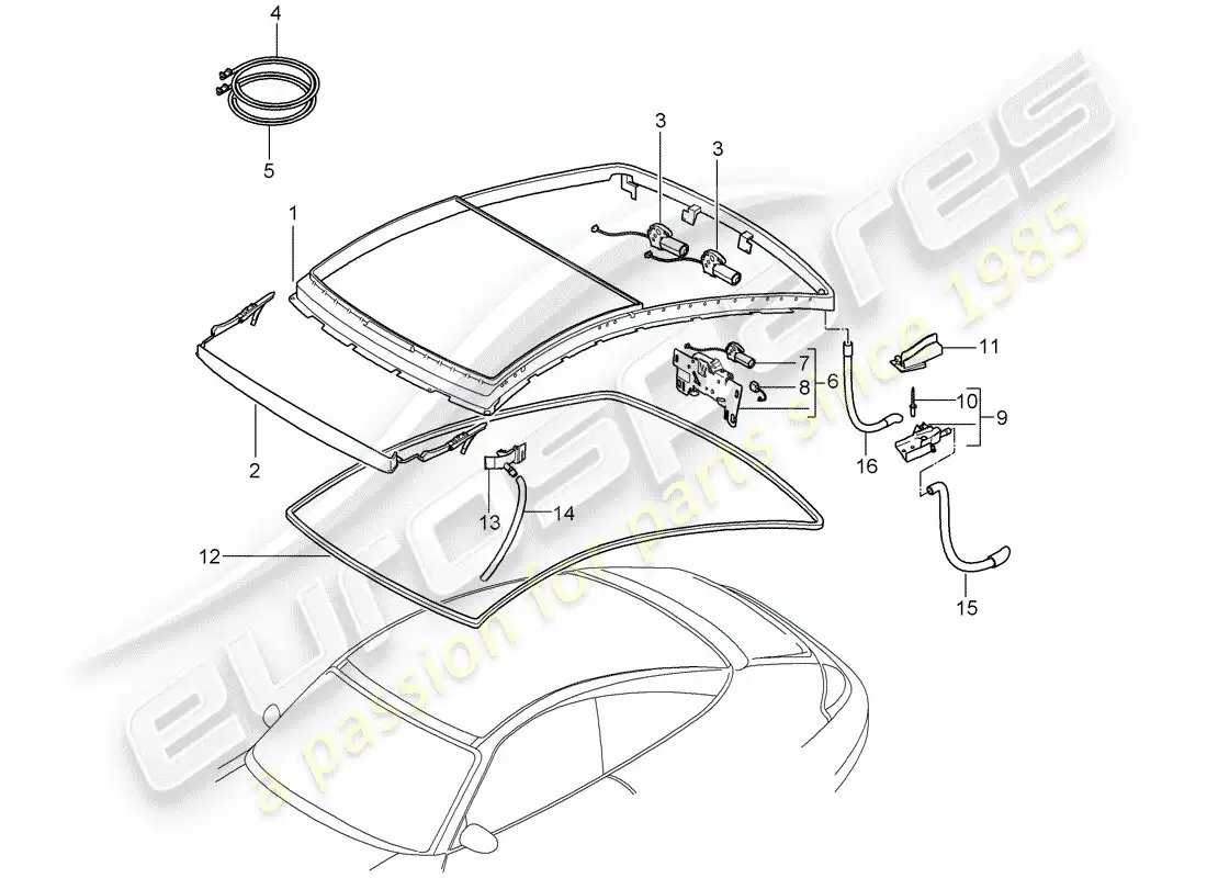 porsche 1998 (996) glass roof parts diagram