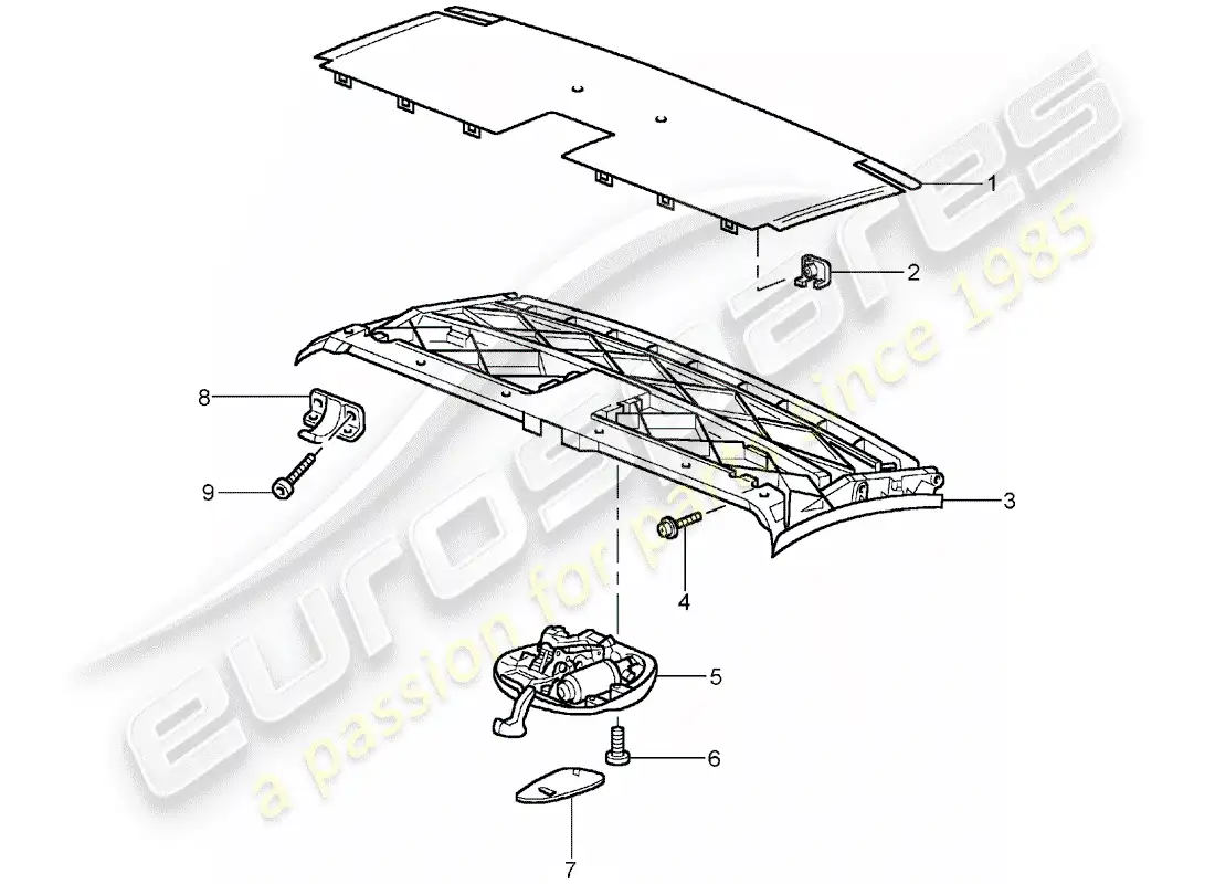 porsche 2005 (996 turbo / gt2) top frame - roof frame - catch parts diagram