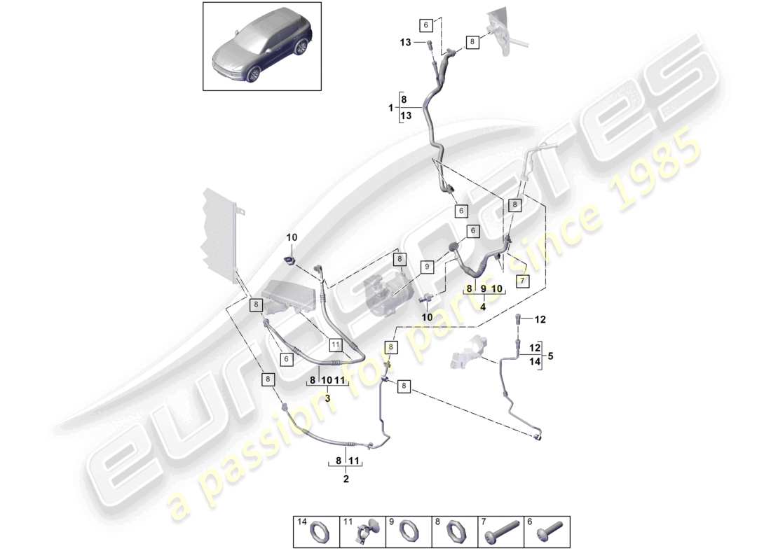 porsche 2022 (cayenne e3 9ya/9yb) refrigerant circuit v6 r1234yf for vehicles with hybrid drive part diagram