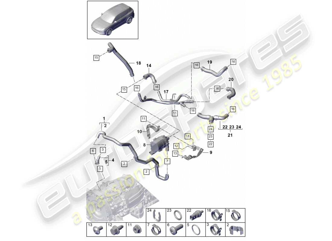 porsche 2024 (cayenne e3 9ya/9yb) coolant cooling system coolant hoses part diagram