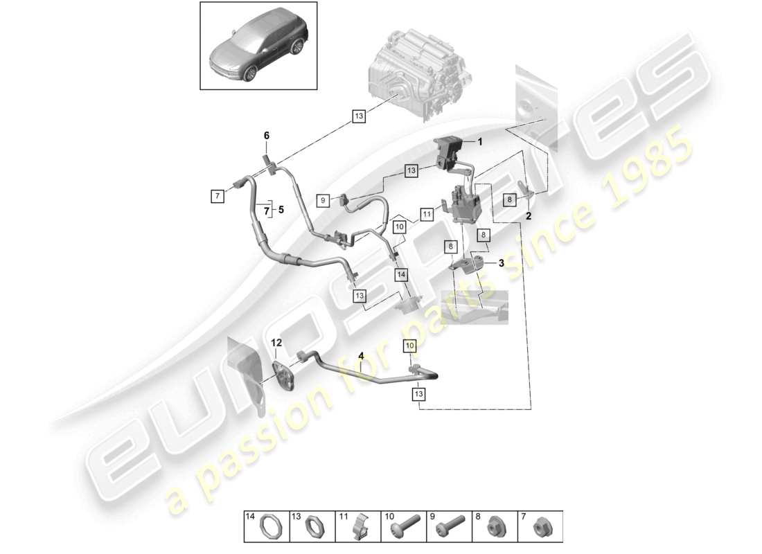 porsche 2024 (cayenne e3 9ya/9yb) refrigerant circuit lhd water box for vehicles with hybrid drive part diagram