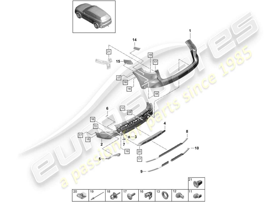 porsche 2022 (cayenne e3 9ya/9yb) bumper rear sport design package part diagram