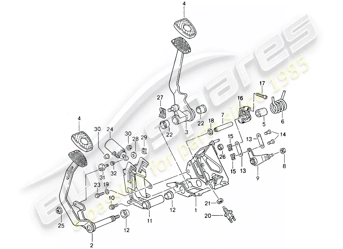porsche 1990 (964) pedals - manual gearbox parts diagram
