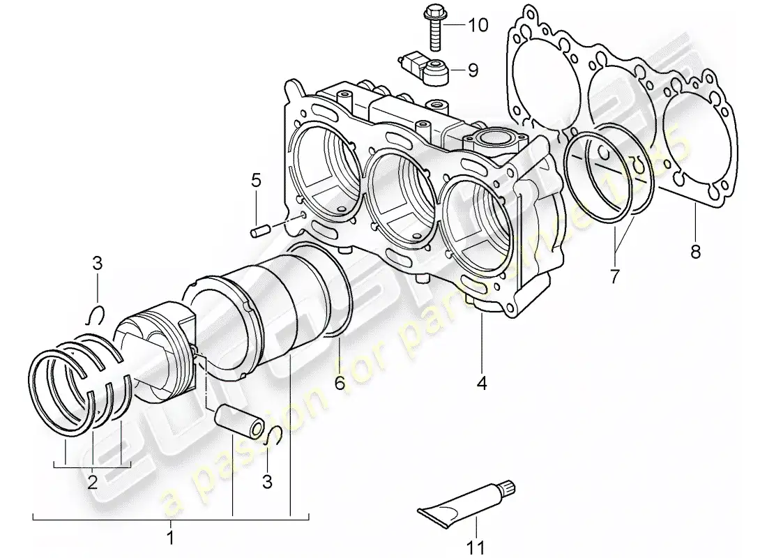 porsche 2011 (997-2 gt3) cylinder with pistons parts diagram