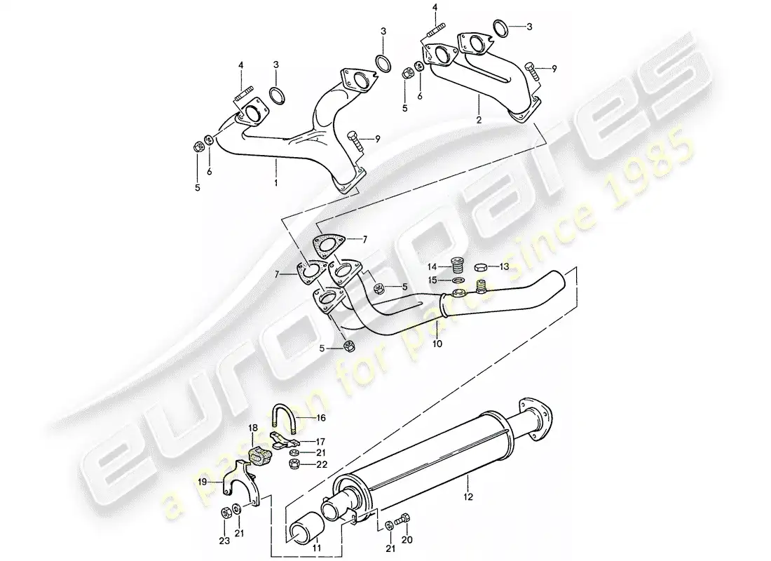 porsche 1990 (944) exhaust system - exhaust silencer, front parts diagram